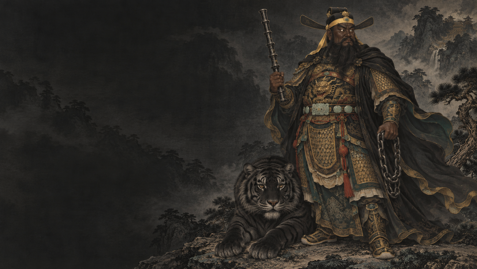 依据传统图像特征创作的赵元帅绘像:铁色面、浓须,披甲执铁鞭与铁索,黑虎相随
